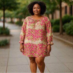 JOSEPH RIBKOFF ( XL-1X) Floral Sheer Ruffle Pullover Mini Dress/Tunic